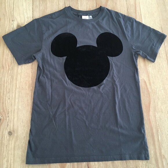 H&M Disney Mickey Mouse Velvet Ears Tee Shirt Mens XS Gray Black Chest 38" - Picture 1 of 4